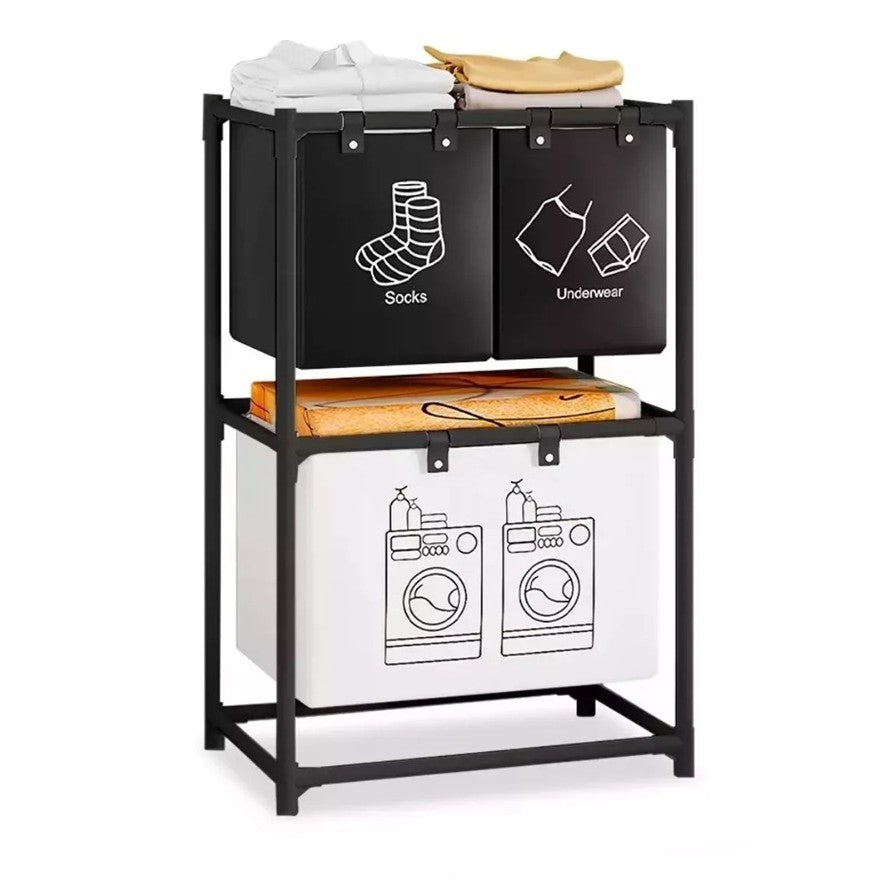 Cos de Rufe, Kadeny, cu 2 Etaje, Kadeny, 3 Cosuri, Cadru de Otel Inoxidabil, 97x28x57 cm, Negru