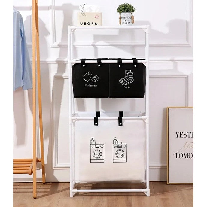 Cos de Rufe, Kadeny, 3 Rafturi, 3 Cosuri, Cadru de Otel Inoxidabil, 123x28x57 cm, Alb