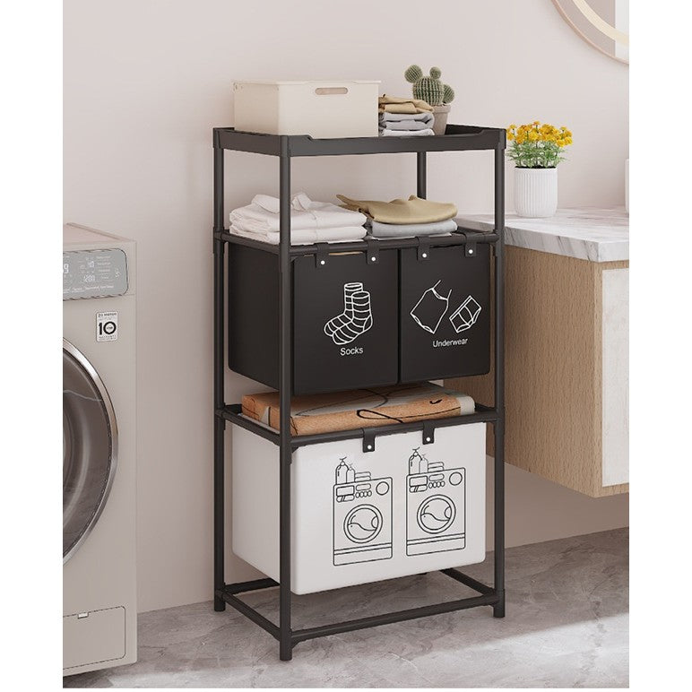 Cos de Rufe, Kadeny, 3 Rafturi, 3 Cosuri, Cadru de Otel Inoxidabil, 123x28x57 cm, Negru