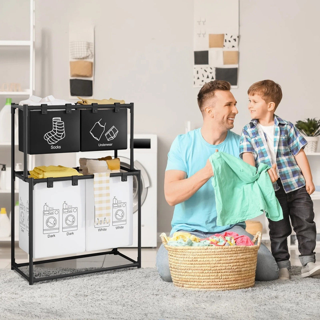 Cos de Rufe, Kadeny, cu 2 Etaje, 4 Cosuri, Cadru de Otel Inoxidabil, 97x44x57 cm, Negru