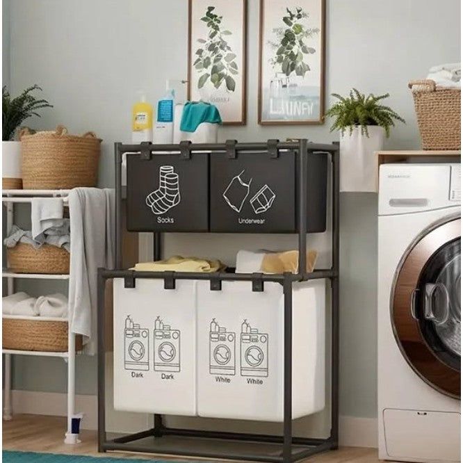 Cos de Rufe, Kadeny, cu 2 Etaje, 4 Cosuri, Cadru de Otel Inoxidabil, 97x44x57 cm, Negru