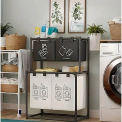 Cos de Rufe, Kadeny, cu 2 Etaje, 4 Cosuri, Cadru de Otel Inoxidabil, 97x44x57 cm, Negru