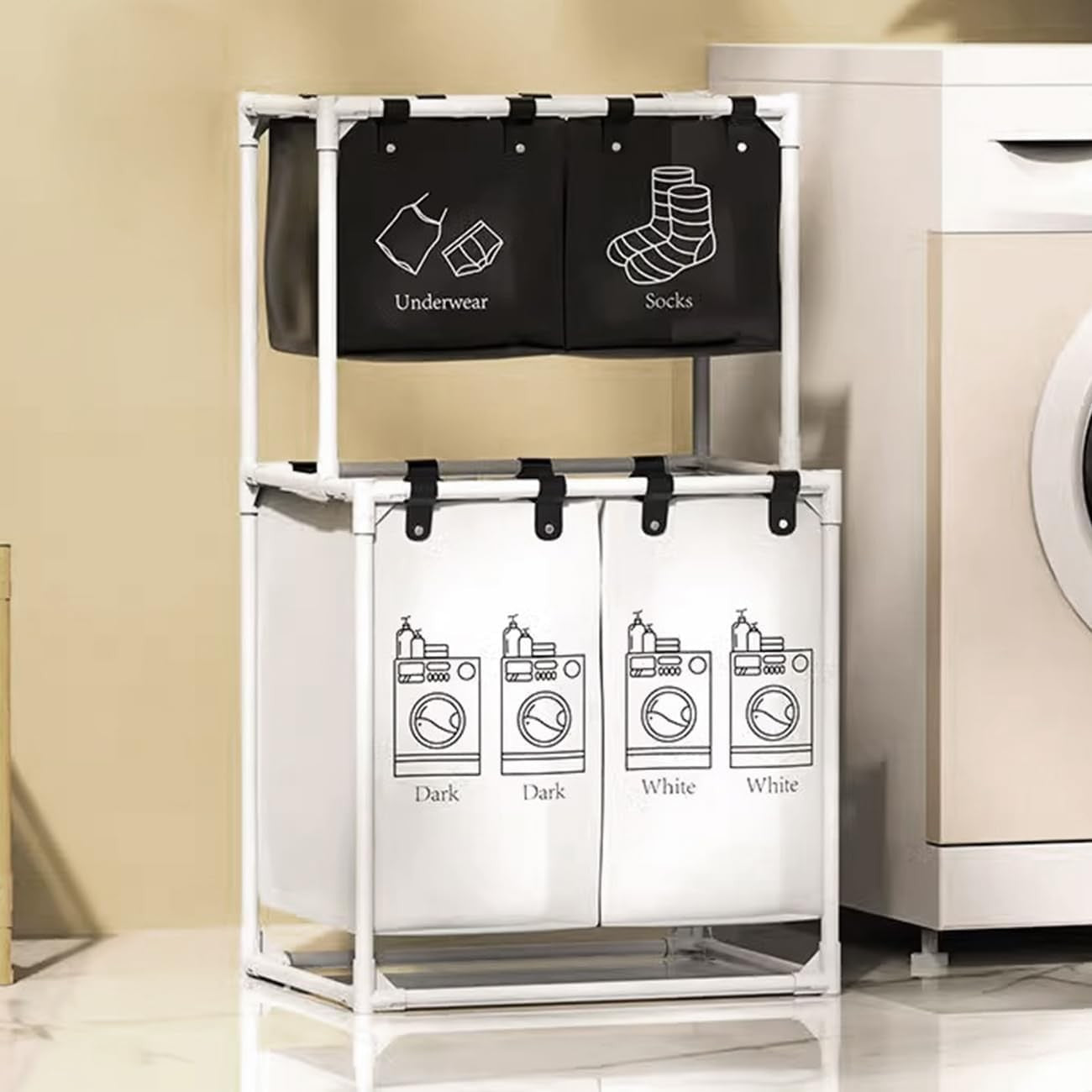 Cos de Rufe, Kadeny, cu 2 Etaje, 4 Cosuri, Cadru de Otel Inoxidabil, 97x44x57 cm, Alb