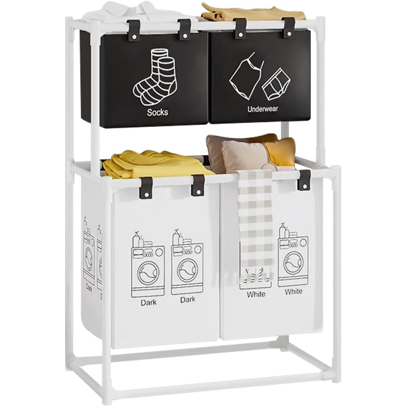 Cos de Rufe, Kadeny, cu 2 Etaje, 4 Cosuri, Cadru de Otel Inoxidabil, 97x44x57 cm, Alb