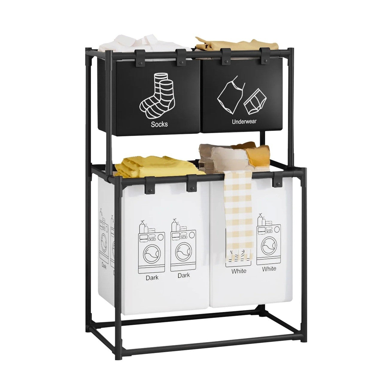 Cos de Rufe, Kadeny, cu 2 Etaje, 4 Cosuri, Cadru de Otel Inoxidabil, 97x44x57 cm, Negru