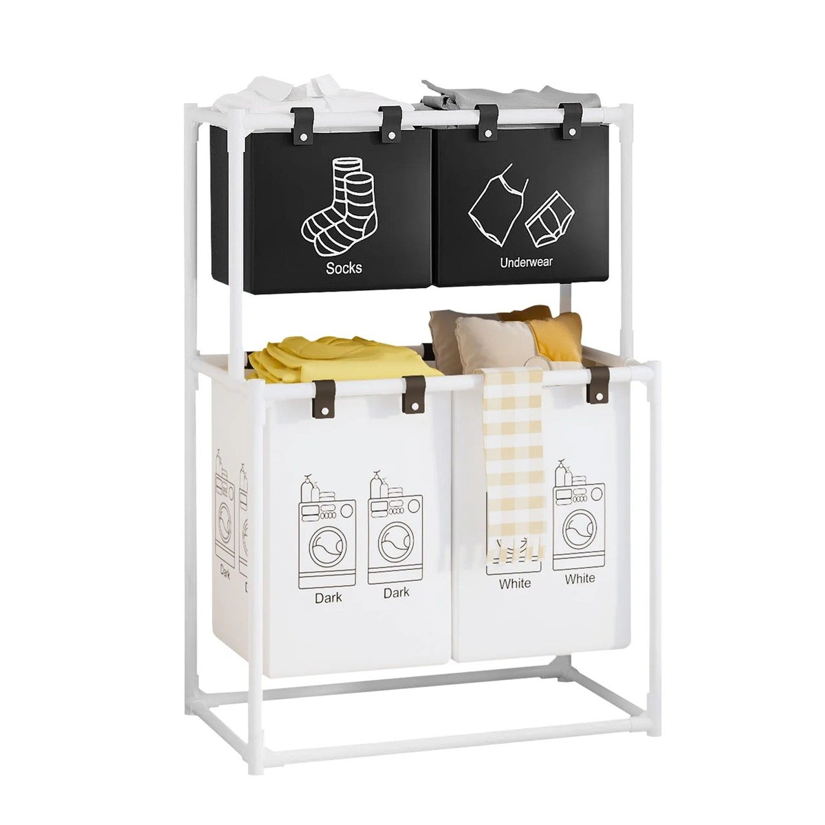 Cos de Rufe, Kadeny, cu 2 Etaje, 4 Cosuri, Cadru de Otel Inoxidabil, 97x44x57 cm, Alb