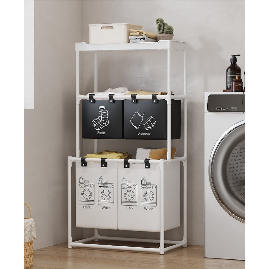 Cos de Rufe, Kadeny, 3 Rafturi, 4 Cosuri, Cadru de Otel Inoxidabil, 123x28x57 cm, 123x44x57 cm, Alb