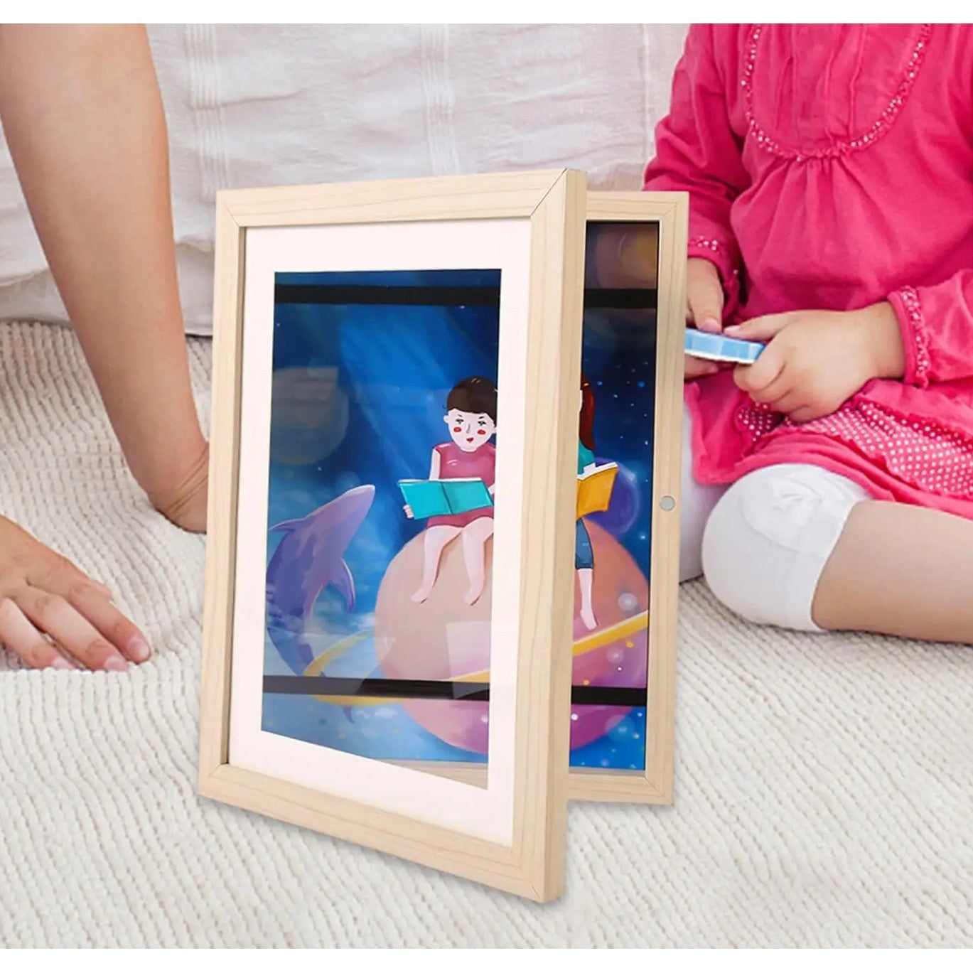 Rama Cutie pentru Foto si Cutie, Kaveny, din Lemn, cu Spatiu Pentru Depozitare, Pentru Desene si Picturi A4, Sticla Securizata, 35 x 26 x 4 cm, 530 g, Maro Lemn