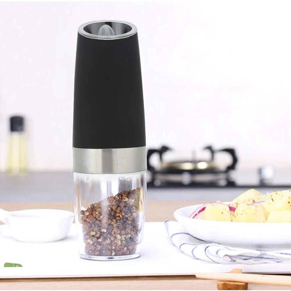 Rasnita Electrica Sare si Piper, Kadeny, cu Camera Depozitare Transparenta, Macinare, Functionare pe Baterii, cu Lumina, ABS, 20x6.5 cm, Negru/Transparent