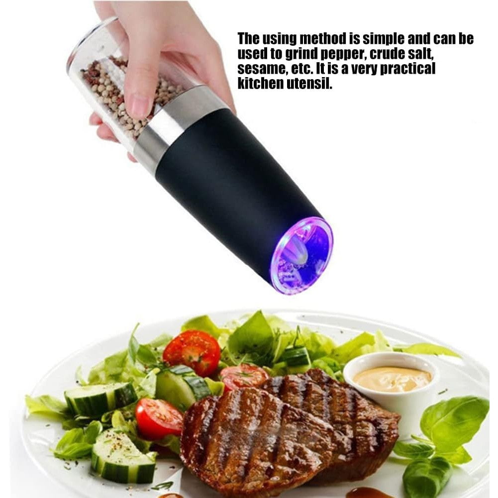 Rasnita Electrica Sare si Piper, Kadeny, cu Camera Depozitare Transparenta, Macinare, Functionare pe Baterii, cu Lumina, ABS, 20x6.5 cm, Negru/Transparent