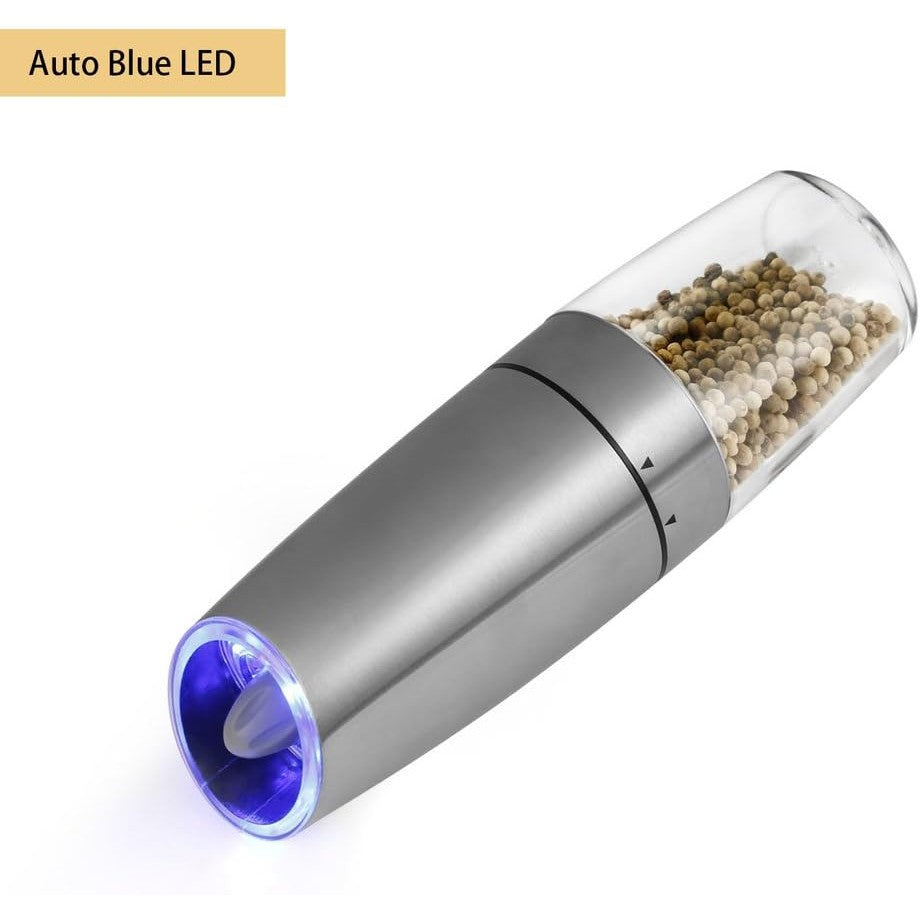 Rasnita Electrica Sare si Piper, Kadeny, cu Camera Depozitare Transparenta, Macinare, Functionare pe Baterii, cu Lumina, ABS, 20x6.5 cm, Argintiu/Transparent