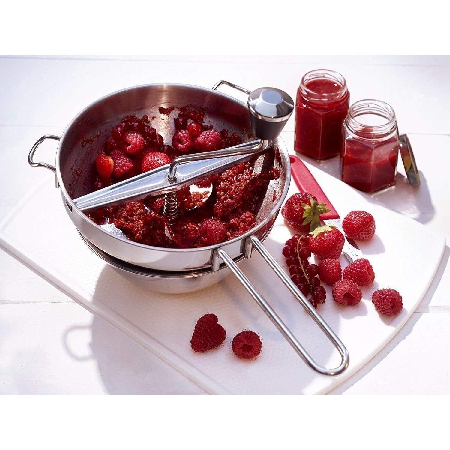 Rasnita Manuala pentru Fructe, Kadeny, din Otel Inoxidabil, Macinare Alimentelor pentru Bebelusi, 3 Discuri de Macinat, Presa, pentru Tocat Cartofi, 19x20x33 cm, Argintiu