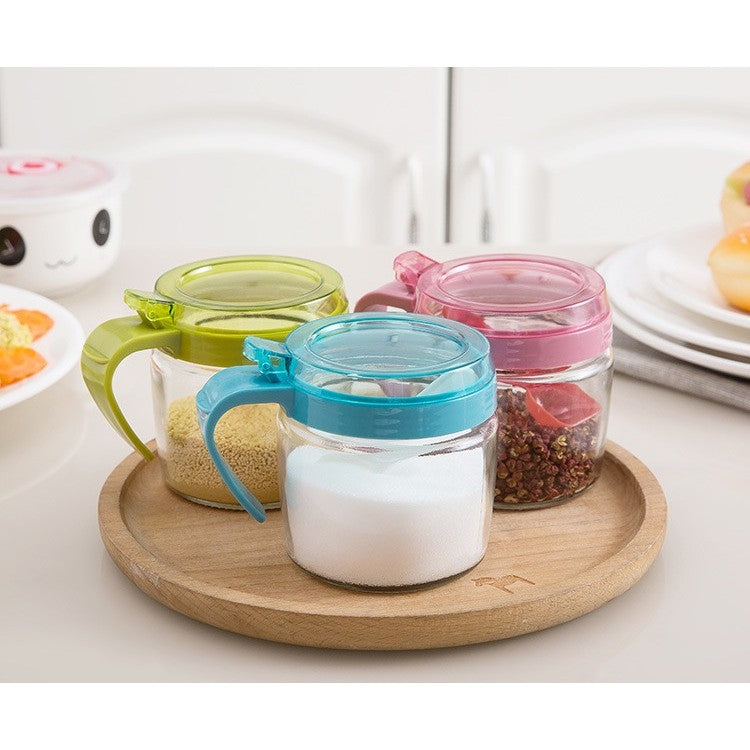 Recipient Condimente, Kadeny, din Stilca, 180 ml, cu Maner si Lingurita, 8 x 9 cm, Capac Transparent, Albastru