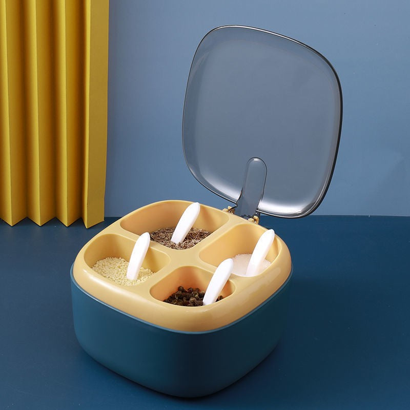 Recipient pentru condimente Kaveny, 4 casute, potrivit pentru sare, cimbru, piper, condimente, 4 lingurite din plastic, capac din plastic, maner, 14x14x8 cm, albastru