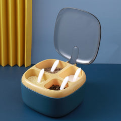 Recipient pentru condimente Kaveny, 4 casute, potrivit pentru sare, cimbru, piper, condimente, 4 lingurite din plastic, capac din plastic, maner, 14x14x8 cm, albastru
