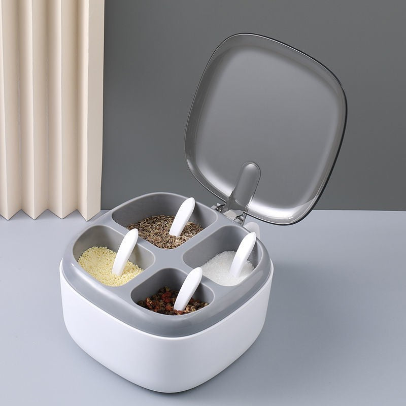 Recipient pentru condimente Kaveny, 4 casute, potrivit pentru sare, cimbru, piper, condimente, 4 lingurite din plastic, capac din plastic, maner, 14x14x8 cm, alb