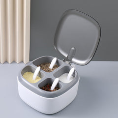 Recipient pentru condimente Kaveny, 4 casute, potrivit pentru sare, cimbru, piper, condimente, 4 lingurite din plastic, capac din plastic, maner, 14x14x8 cm, alb