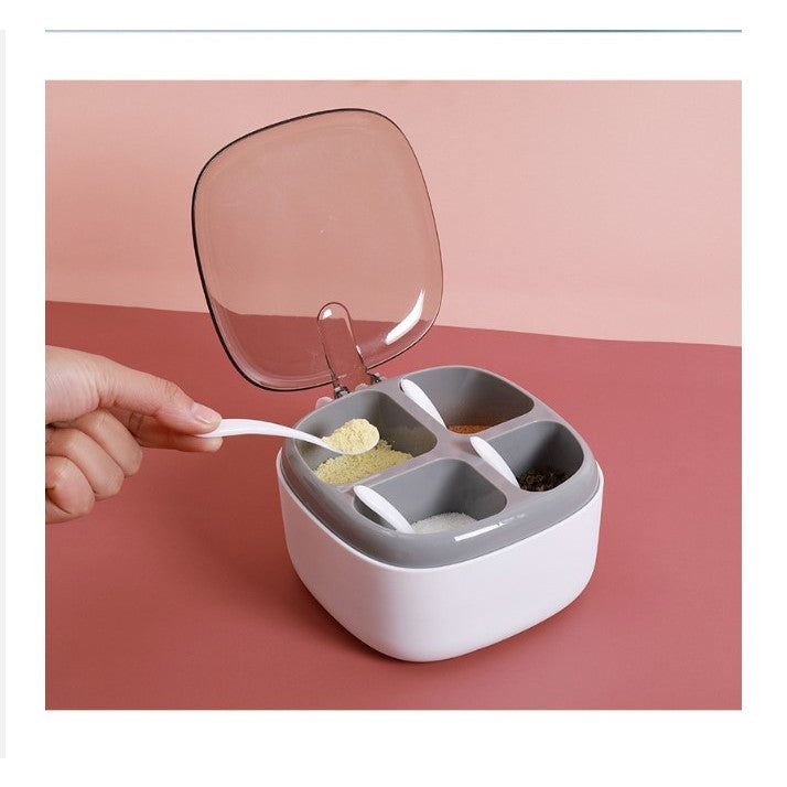 Recipient pentru condimente Kaveny, 4 casute, potrivit pentru sare, cimbru, piper, condimente, 4 lingurite din plastic, capac din plastic, maner, 14x14x8 cm, alb