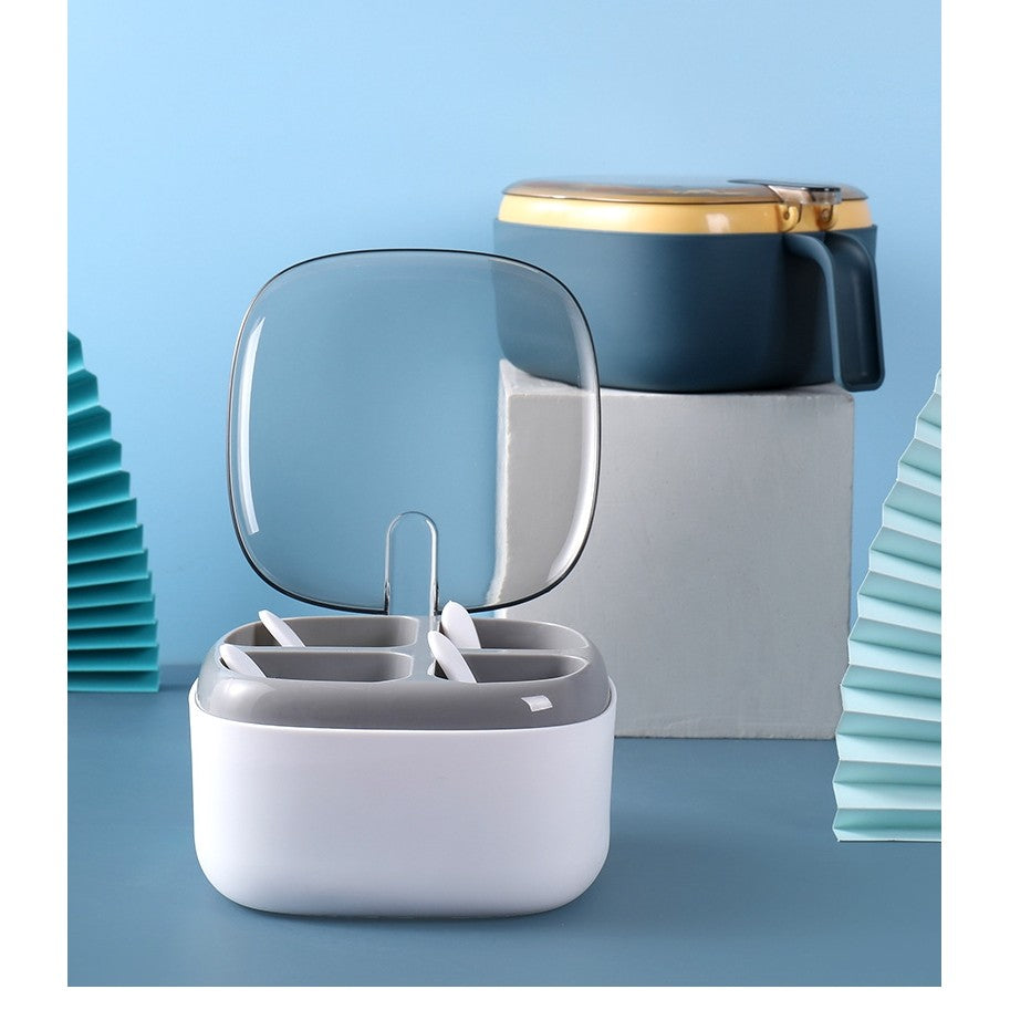 Recipient pentru condimente Kaveny, 4 casute, potrivit pentru sare, cimbru, piper, condimente, 4 lingurite din plastic, capac din plastic, maner, 14x14x8 cm, alb