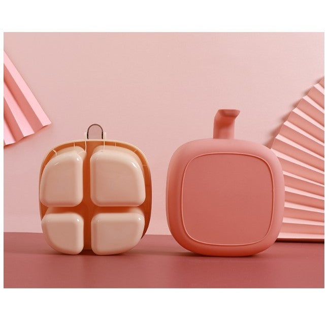 Recipient pentru condimente Kaveny, 4 casute, potrivit pentru sare, cimbru, piper, condimente, 4 lingurite din plastic, capac din plastic, maner, 14x14x8 cm, roz