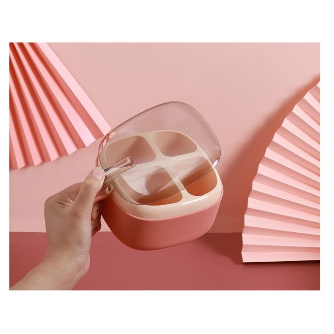 Recipient pentru condimente Kaveny, 4 casute, potrivit pentru sare, cimbru, piper, condimente, 4 lingurite din plastic, capac din plastic, maner, 14x14x8 cm, roz