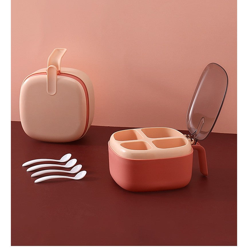 Recipient pentru condimente Kaveny, 4 casute, potrivit pentru sare, cimbru, piper, condimente, 4 lingurite din plastic, capac din plastic, maner, 14x14x8 cm, roz