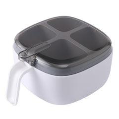 Recipient pentru condimente Kaveny, 4 casute, potrivit pentru sare, cimbru, piper, condimente, 4 lingurite din plastic, capac din plastic, maner, 14x14x8 cm, alb
