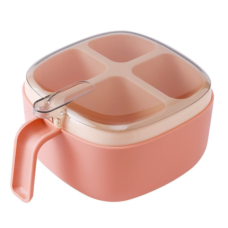 Recipient pentru condimente Kaveny, 4 casute, potrivit pentru sare, cimbru, piper, condimente, 4 lingurite din plastic, capac din plastic, maner, 14x14x8 cm, roz