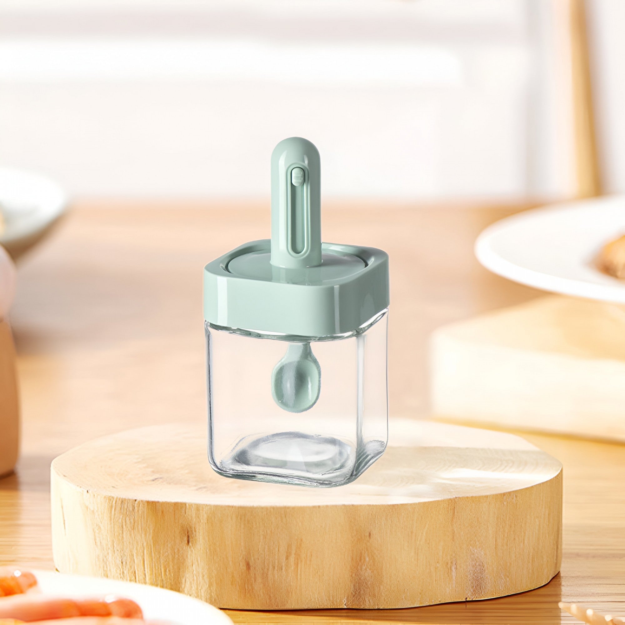 Recipient pentru Depozitarea Condimentelor, Kadeny, Borcan din Sticla, Capac si Lingura Incorporate, Uz Casnic, 300 ml, 7.1x7.1x14.8 cm, Verde