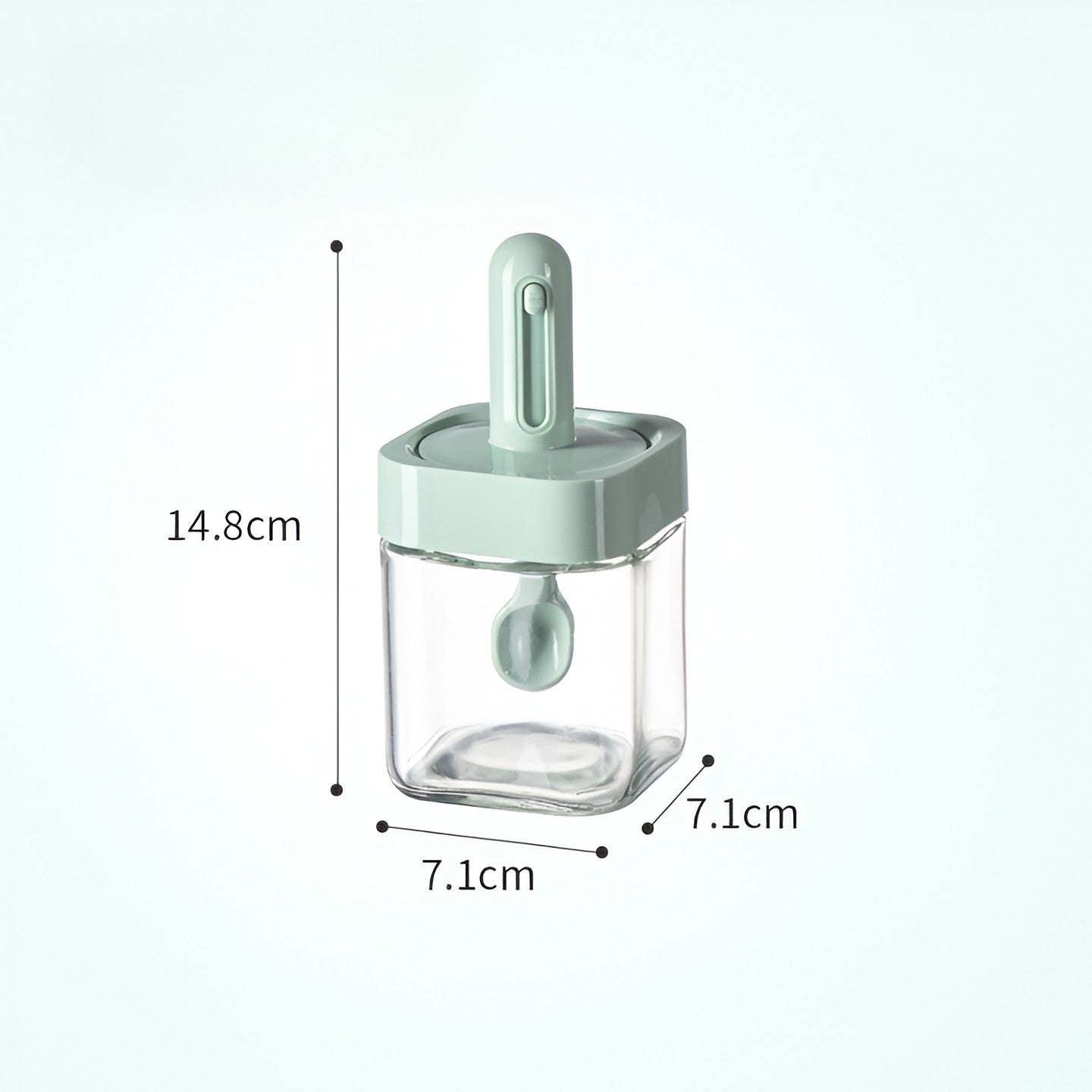Recipient pentru Depozitarea Condimentelor, Kadeny, Borcan din Sticla, Capac si Lingura Incorporate, Uz Casnic, 300 ml, 7.1x7.1x14.8 cm, Verde