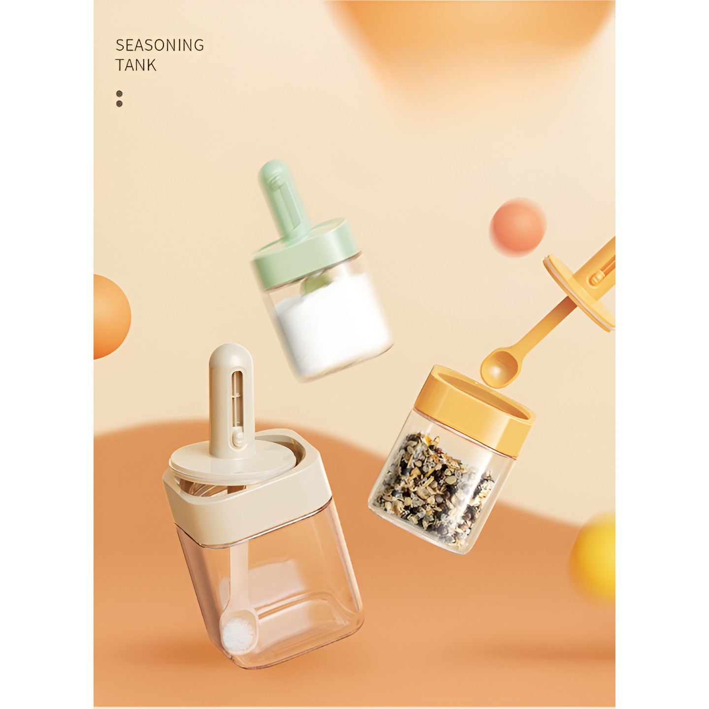 Recipient pentru Depozitarea Condimentelor, Kadeny, Borcan din Sticla, Capac si Lingura Incorporate, Uz Casnic, 300 ml, 7.1x7.1x14.8 cm, Portocaliu