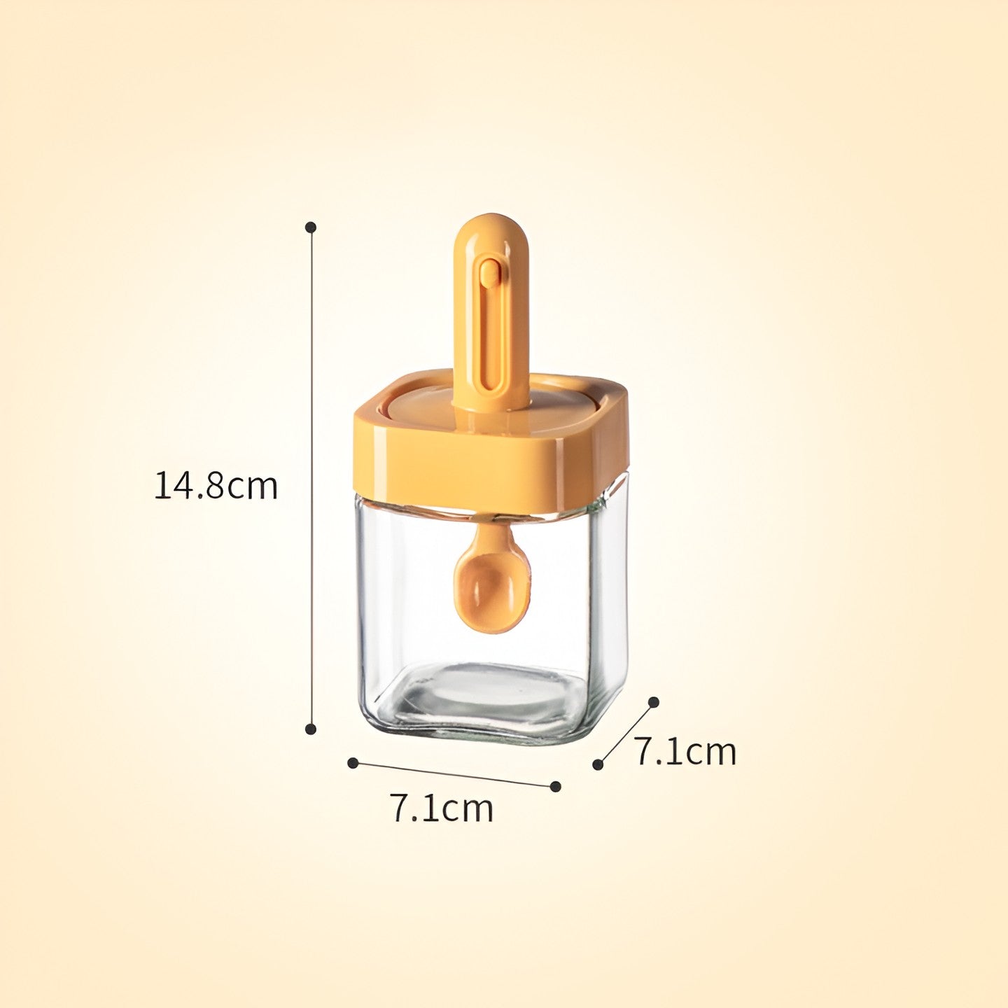 Recipient pentru Depozitarea Condimentelor, Kadeny, Borcan din Sticla, Capac si Lingura Incorporate, Uz Casnic, 300 ml, 7.1x7.1x14.8 cm, Portocaliu