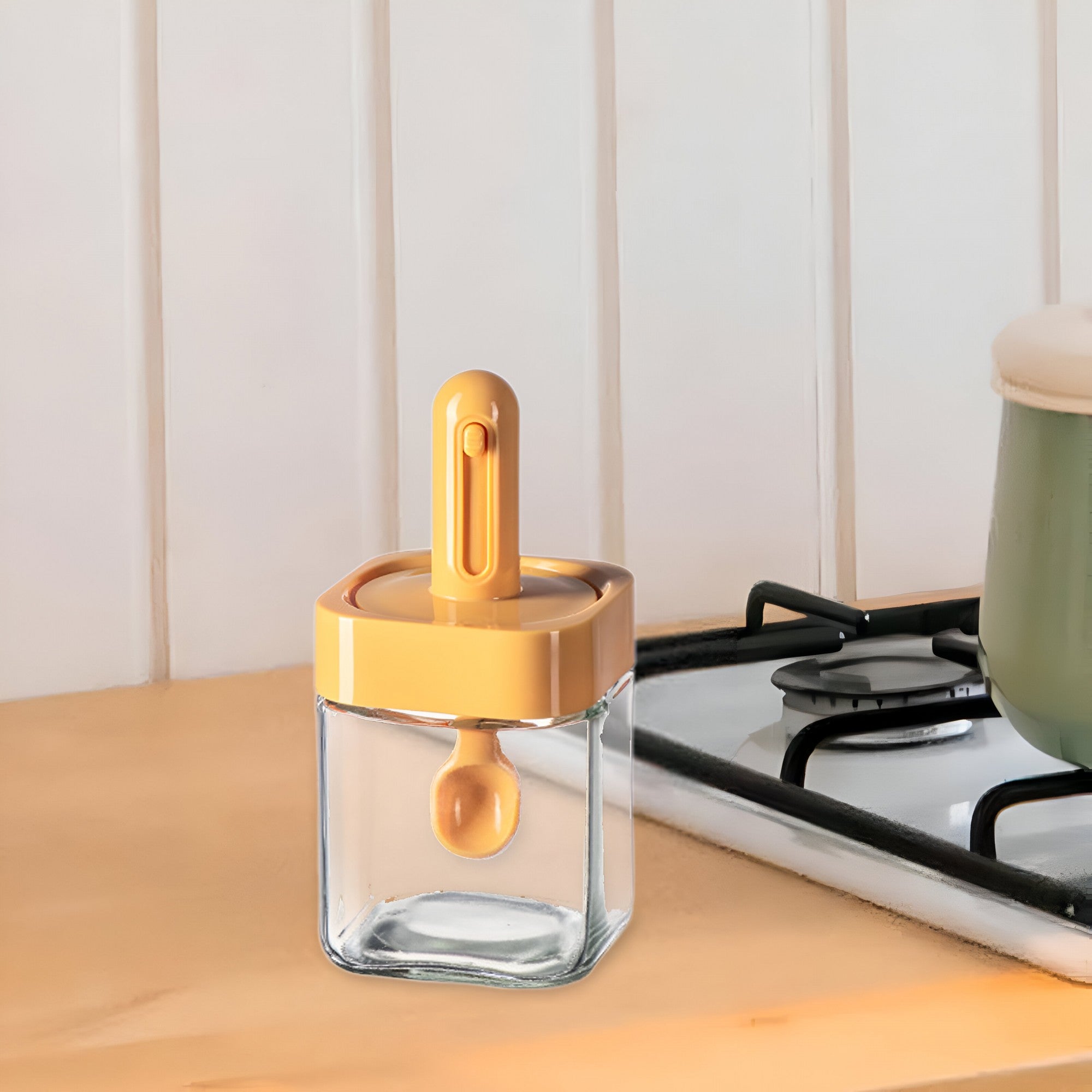 Recipient pentru Depozitarea Condimentelor, Kadeny, Borcan din Sticla, Capac si Lingura Incorporate, Uz Casnic, 300 ml, 7.1x7.1x14.8 cm, Portocaliu