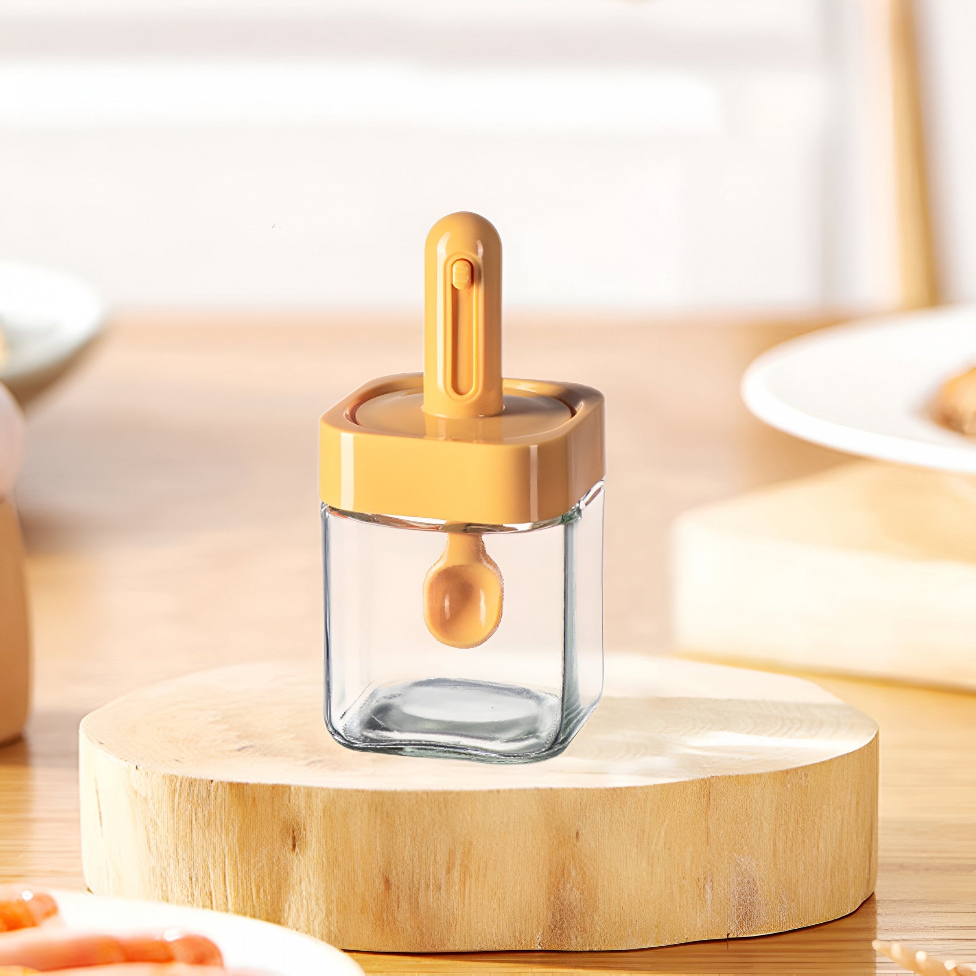 Recipient pentru Depozitarea Condimentelor, Kadeny, Borcan din Sticla, Capac si Lingura Incorporate, Uz Casnic, 300 ml, 7.1x7.1x14.8 cm, Portocaliu