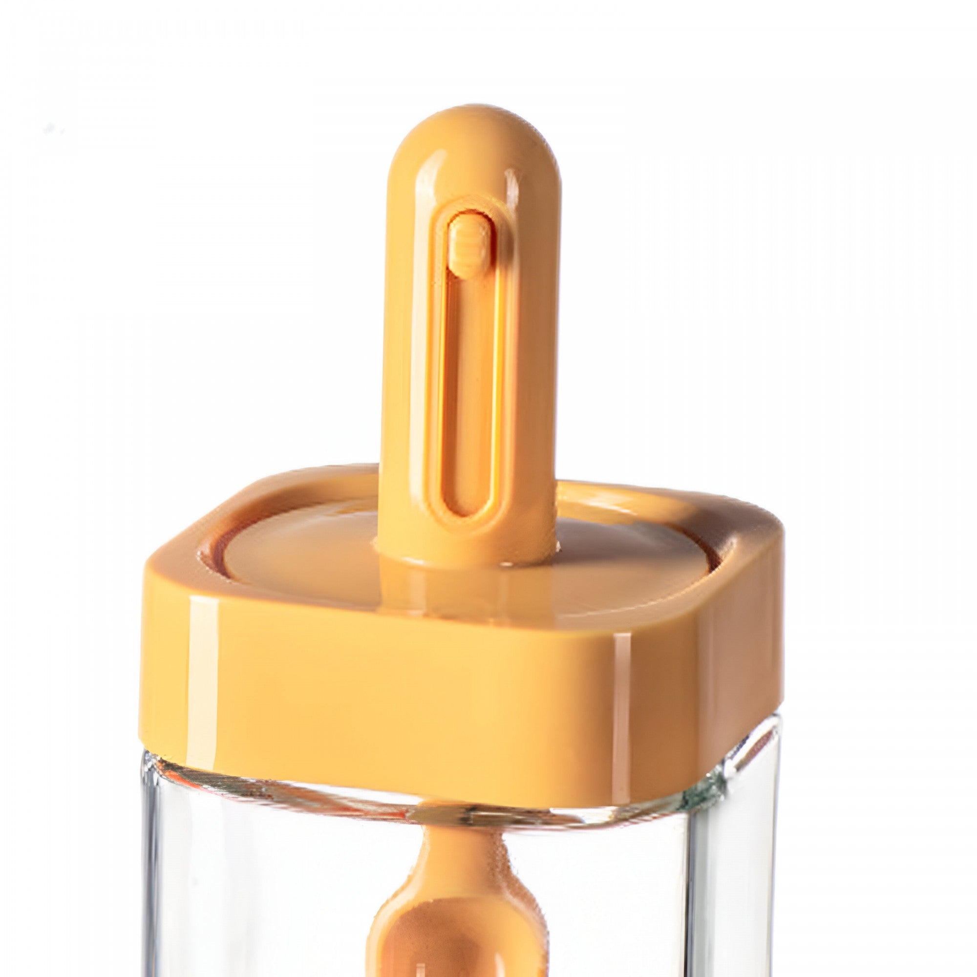 Recipient pentru Depozitarea Condimentelor, Kadeny, Borcan din Sticla, Capac si Lingura Incorporate, Uz Casnic, 300 ml, 7.1x7.1x14.8 cm, Portocaliu