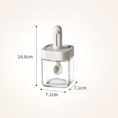 Recipient pentru Depozitarea Condimentelor, Kadeny, Borcan din Sticla, Capac si Lingura Incorporate, Uz Casnic, 300 ml, 7.1x7.1x14.8 cm, Gri