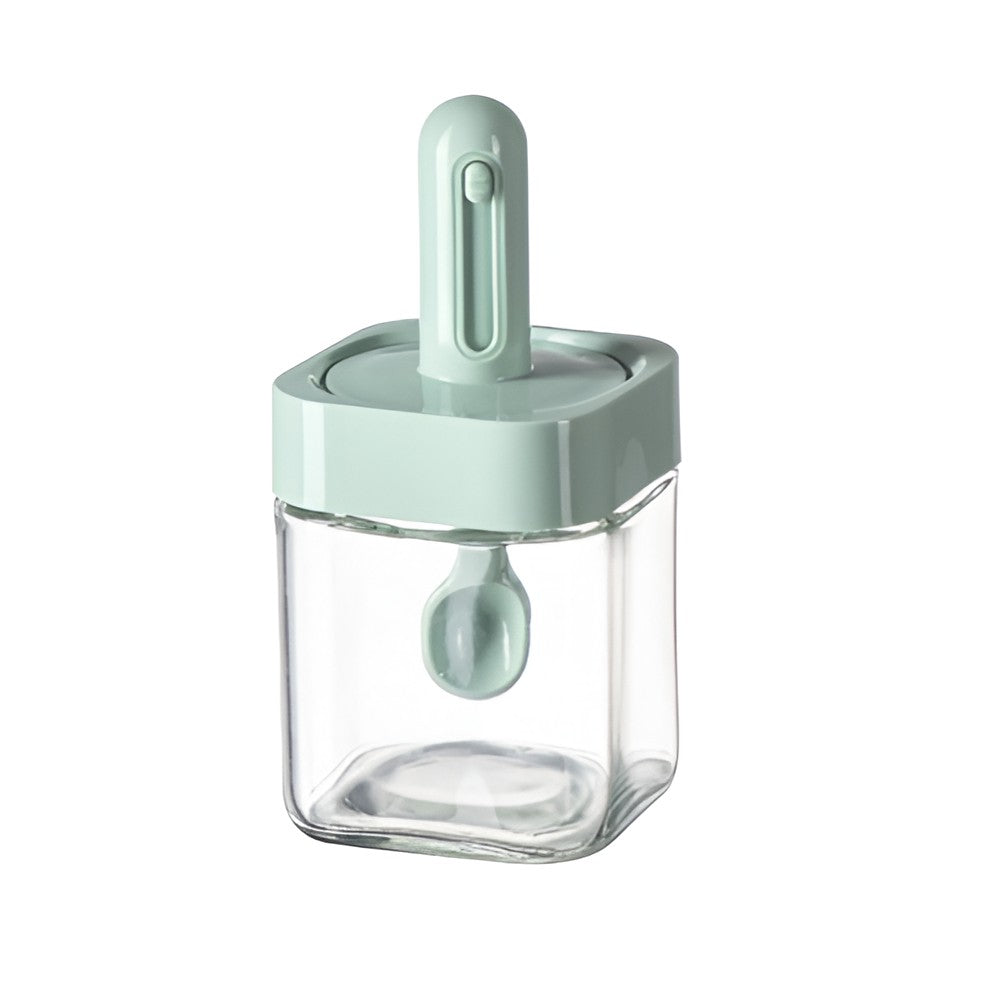Recipient pentru Depozitarea Condimentelor, Kadeny, Borcan din Sticla, Capac si Lingura Incorporate, Uz Casnic, 300 ml, 7.1x7.1x14.8 cm, Verde
