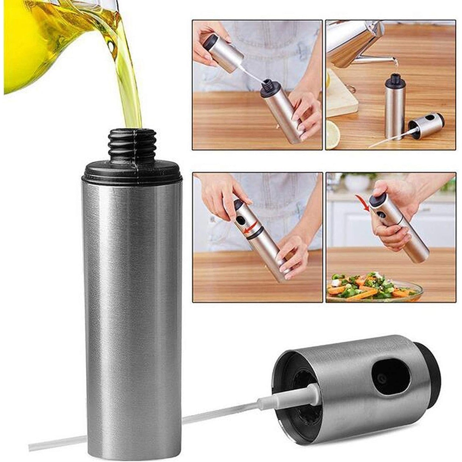 Pulverizator ulei Kaveny, spray, material otel inoxidabil, manual, 100 ml, 17.7 x 4 cm, argintiu