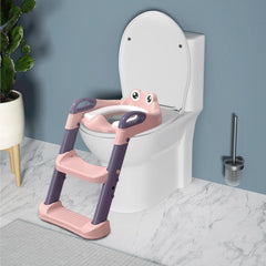 Reductor si Scaunel Inaltator WC, Kadeny, pentru Copii 1 - 7 Ani, 2 Trepte Reglabile, Pliabil, Colac Moale, cu Spatar si Manere, Inaltime 54/58 cm x 39.5 x 35 cm, din Plastic+PVC, Roz/Mov