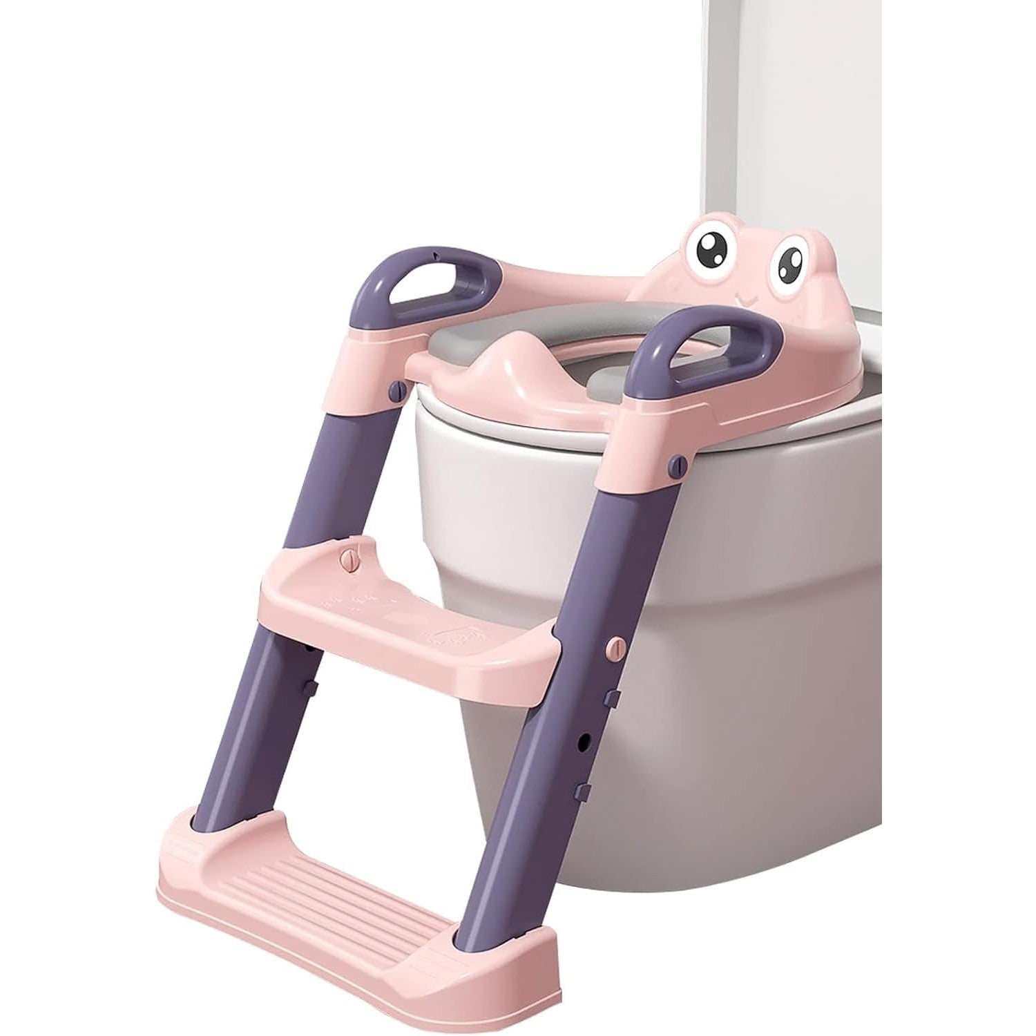 Reductor si Scaunel Inaltator WC, Kadeny, pentru Copii 1 - 7 Ani, 2 Trepte Reglabile, Pliabil, Colac Moale, cu Spatar si Manere, Inaltime 54/58 cm x 39.5 x 35 cm, din Plastic+PVC, Roz/Mov