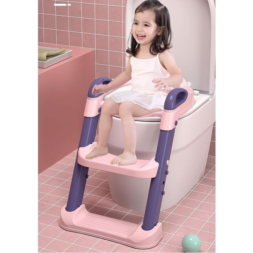 Reductor si Scaunel Inaltator WC, Kadeny, pentru Copii 1 - 7 Ani, 2 Trepte Reglabile, Pliabil, Colac Moale, cu Spatar si Manere, Inaltime 54/58 cm x 39.5 x 35 cm, din Plastic+PVC, Roz/Mov