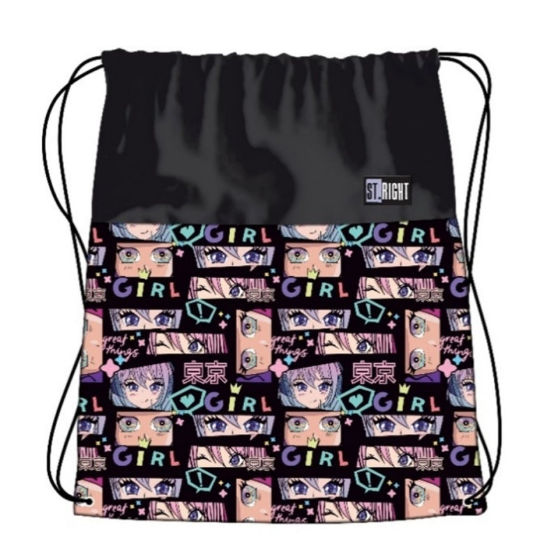 Rucsac cu snur pentru copii St.Majewski St.Right Colour Anime, 43cm, negru