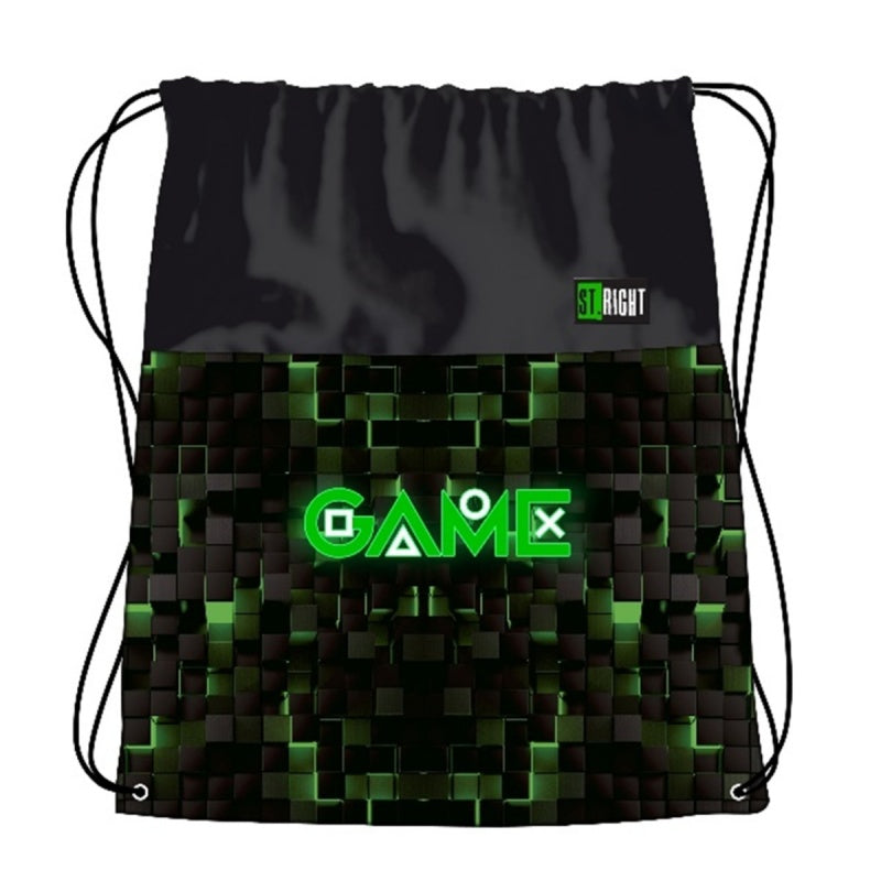 Rucsac cu snur pentru copii St.Majewski St.Right Green Game, 43cm, negru cu verde
