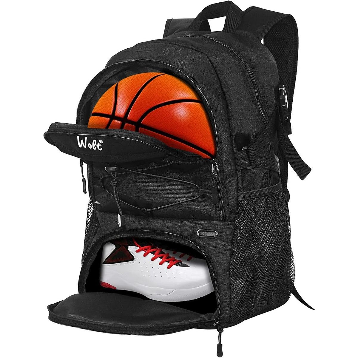 Rucsac de Baschet Multifunctional, Kadeny, pentru Calatorie, Sport, Scoala, cu Compartiment pentru Pantofi si Minge, 32 Litri, 45x32x22 cm, Negru