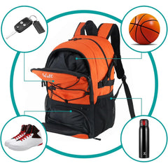 Rucsac de Baschet Multifunctional, Kadeny, pentru Calatorie, Sport, Scoala, cu Compartiment pentru Pantofi si Minge, 32 Litri, 45x32x22 cm, Portocaliu-Negru