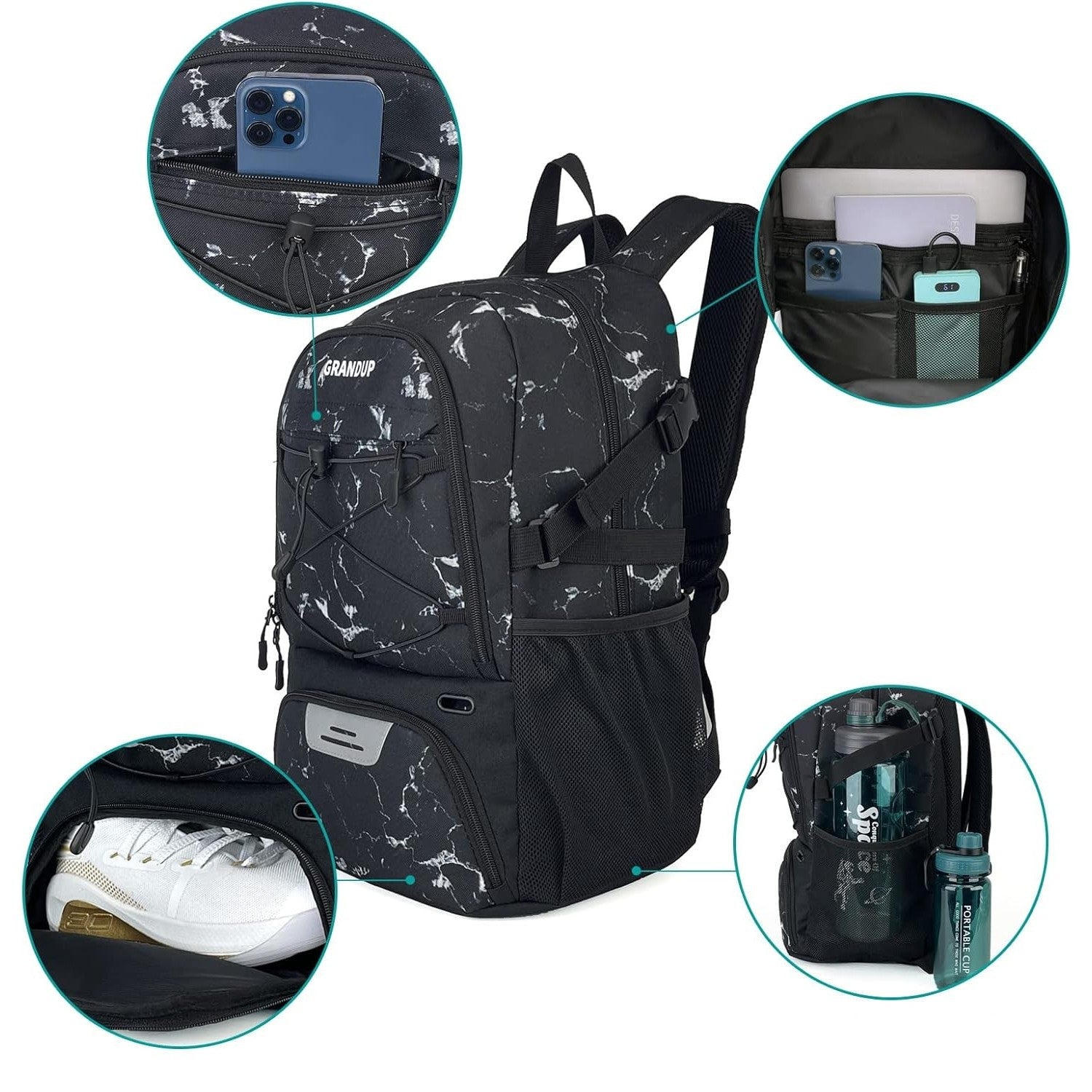 Rucsac de Baschet Multifunctional, Kadeny, pentru Calatorie, Sport, Scoala, cu Compartiment pentru Pantofi si Minge, 32 Litri, 45x32x22 cm, Negru-Alb