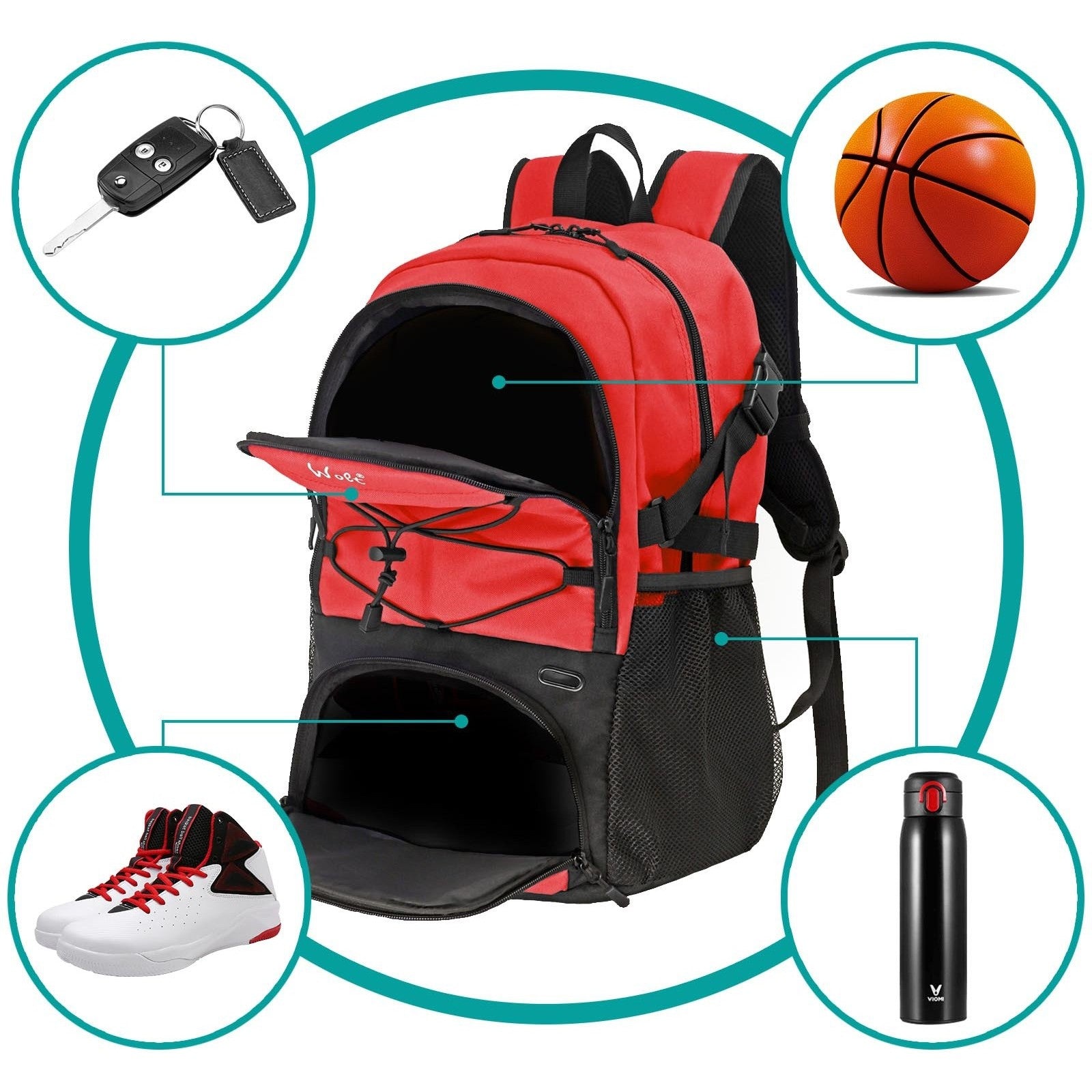 Rucsac de Baschet Multifunctional, Kadeny, pentru Calatorie, Sport, Scoala, cu Compartiment pentru Pantofi si Minge, 32 Litri, 45x32x22 cm Rosu-Negru