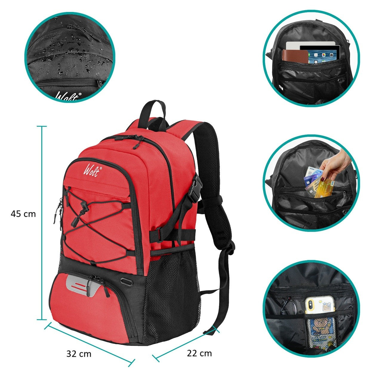 Rucsac de Baschet Multifunctional, Kadeny, pentru Calatorie, Sport, Scoala, cu Compartiment pentru Pantofi si Minge, 32 Litri, 45x32x22 cm Rosu-Negru