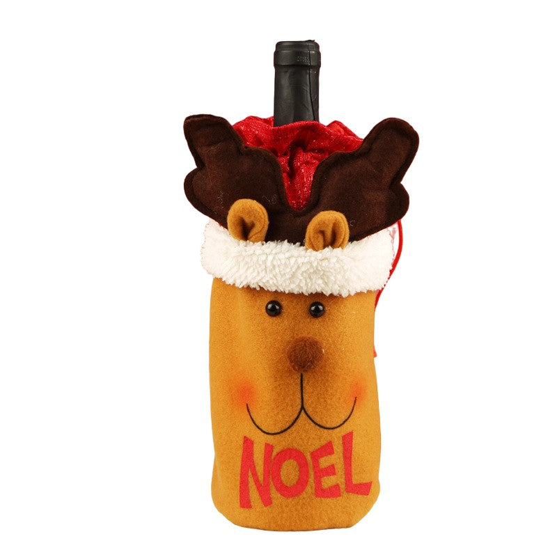Saculet de Craciun pentru Sticla de Bautura, Kadeny, Model Ren Accesorizat, Tematica Petrecere de Craciun, Marime Universala, 13x28 cm, Maro