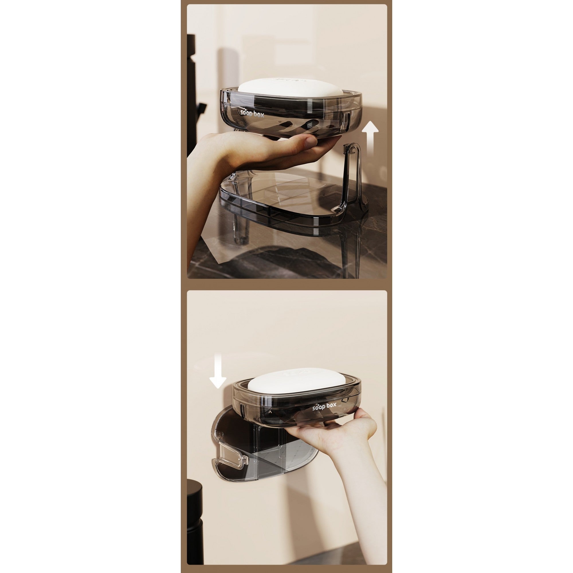 Savoniera cu Suport 2 in 1, Kadeny, Pentru Perete sau Blat, PET, Scurgere Optima, GriTransparent